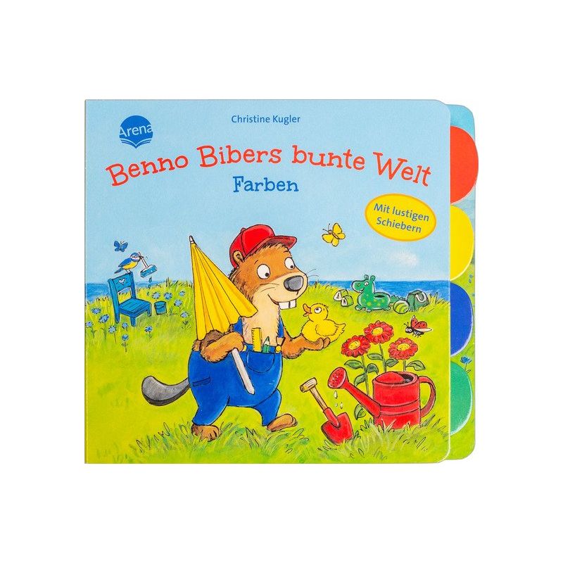 Kinderbuchcover: Ein Biber mit Regenschirm, bunte Reiter und Gartengeräte auf einer Wiese.