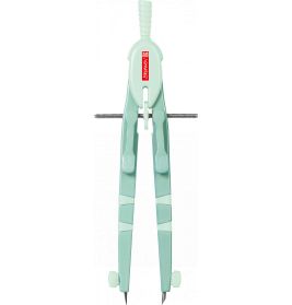 Ein mintgrüner Zirkel mit rotem Etikett, verwendet zum Zeichnen von Kreisen und Bögen in der Geometrie.