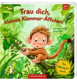 Kleine Affe auf Ast, umgeben von Dschungelpflanzen und Frosch deutscher Buchtitel ist sichtbar.