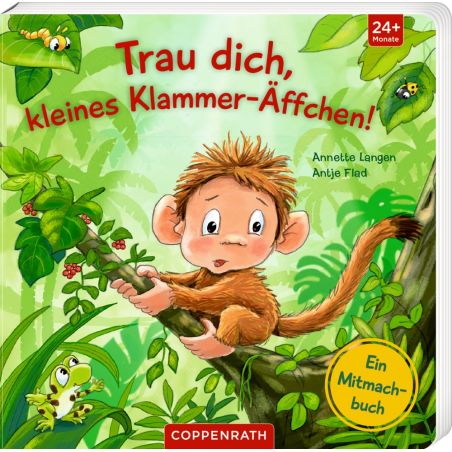 Kleine Affe auf Ast, umgeben von Dschungelpflanzen und Frosch deutscher Buchtitel ist sichtbar.