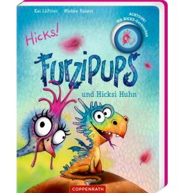 Buntes Buchcover mit blauem Drachen und schockiertem pinken Huhn, Titel: Furzipups und Hicksi Huhn.