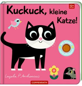 Kinderbuchcover: Schwarz-weiße Katze, Vogel, Blume und Maus auf rosa Hintergrund.
