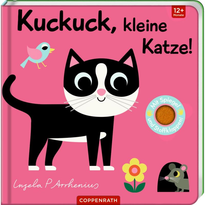 Kinderbuchcover: Schwarz-weiße Katze, Vogel, Blume und Maus auf rosa Hintergrund.