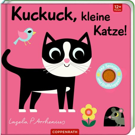 Kinderbuchcover: Schwarz-weiße Katze, Vogel, Blume und Maus auf rosa Hintergrund.