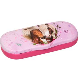 Rosa Brillenetui mit Abbildung von zwei Pferden und floralen Verzierungen auf dem Deckel.