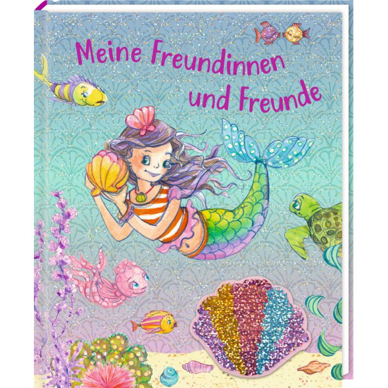 Eine lächelnde Meerjungfrau mit Meerestieren und Muscheln, darüber der Text Meine Freundinnen und Freunde.