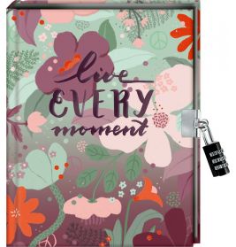 Florales Tagebuch mit live EVERY moment-Schriftzug auf dem Cover und Zahlenschloss an der Seite.