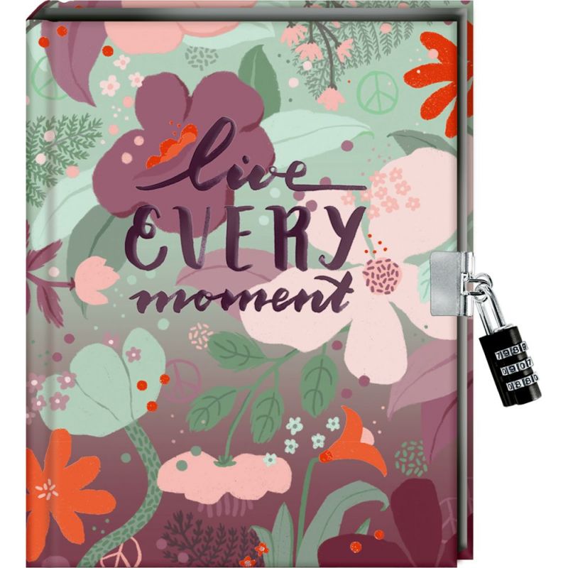 Florales Tagebuch mit live EVERY moment-Schriftzug auf dem Cover und Zahlenschloss an der Seite.