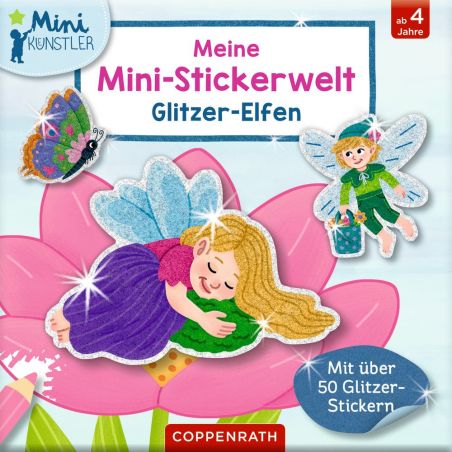 Stickerbuch-Cover mit Glitzerelfen, schlafendem Feenmädchen auf Blume und fliegendem Feenjungen.
