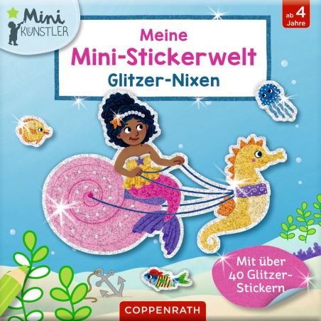 Illustration: Meerjungfrau reitet Seepferd, umgeben von Fischen, auf glitzerndem Stickerbuch-Cover auf Deutsch.