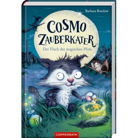 Buchcover von Cosmo Zauberkater mit großäugiger Katze vor magischer Kulisse im Hintergrund, illustriert. Buchcover von Cosmo Zauberkater mit großäugiger Katze vor magischer Kulisse im Hintergrund, illustriert.