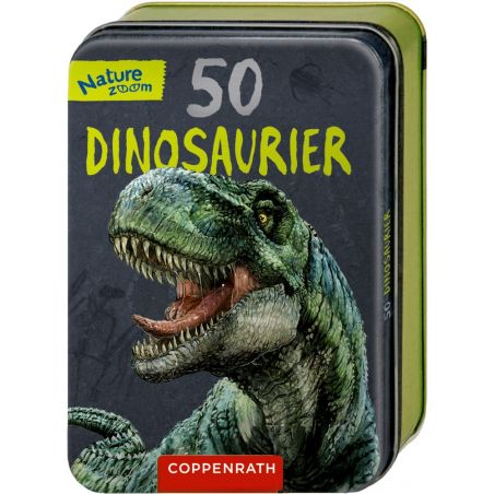 Blechdose mit Aufschrift 50 Dinosaurier und einer Abbildung eines brüllenden grünen Dinosauriers auf dem Deckel.