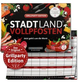 Spielbox Stadt Land Vollpfosten Grillparty Edition mit Grillmotiven und Spielblättern.