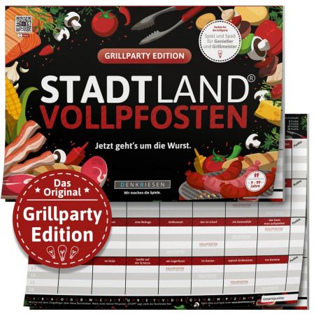 Spielbox Stadt Land Vollpfosten Grillparty Edition mit Grillmotiven und Spielblättern.