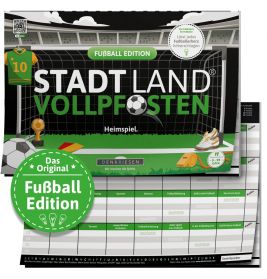 Box und Spielblätter von Stadt Land Vollpfosten: Fußball Edition mit passendem Design und Fußball-Icons.