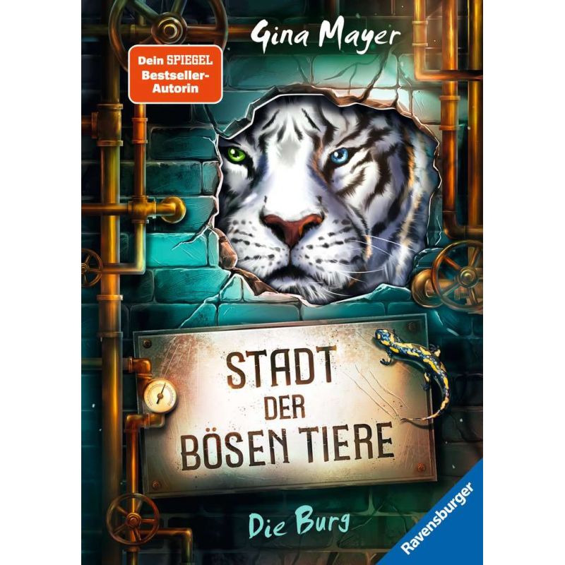 Das Cover von Stadt der bösen Tiere zeigt das Gesicht eines weißen Tigers, der durch eine Wand bricht.