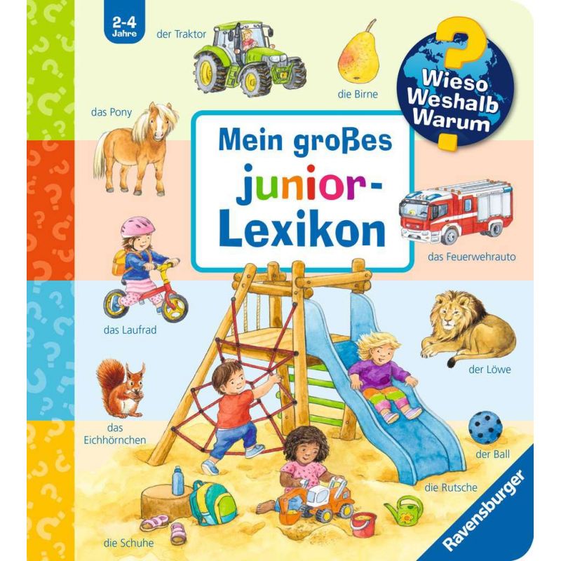 Kinder spielen auf einem Spielplatz, umgeben von beschrifteten Objekten und Tieren beim Titel Mein großes Junior-Lexikon.