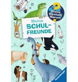 Tiere, Astronaut und Rakete umgeben den Text Meine Schulfreunde auf hellblau gemustertem Hintergrund.