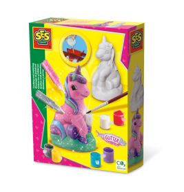 Malset mit Einhorn-Figur, Farben, Pinsel und einem Bild des bemalten Einhorns auf der Verpackung.