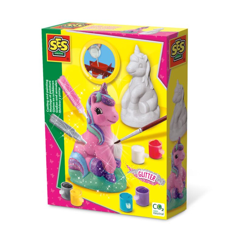 Malset mit Einhorn-Figur, Farben, Pinsel und einem Bild des bemalten Einhorns auf der Verpackung.