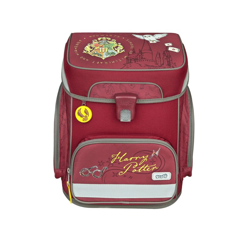 Roter Harry Potter-Rucksack mit Hogwarts-Wappen, Brille, Schnatz und Schloss-Illustrationen.