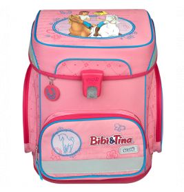 Rosa Bibi & Tina Kinder-Rucksack mit Pferdemotiven sowie blauen, roten und weißen Akzenten.