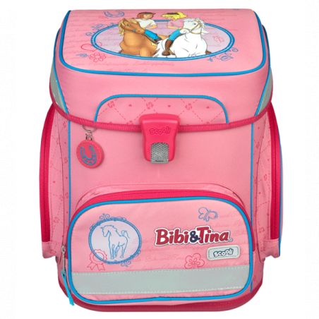 Rosa Bibi & Tina Kinder-Rucksack mit Pferdemotiven sowie blauen, roten und weißen Akzenten.