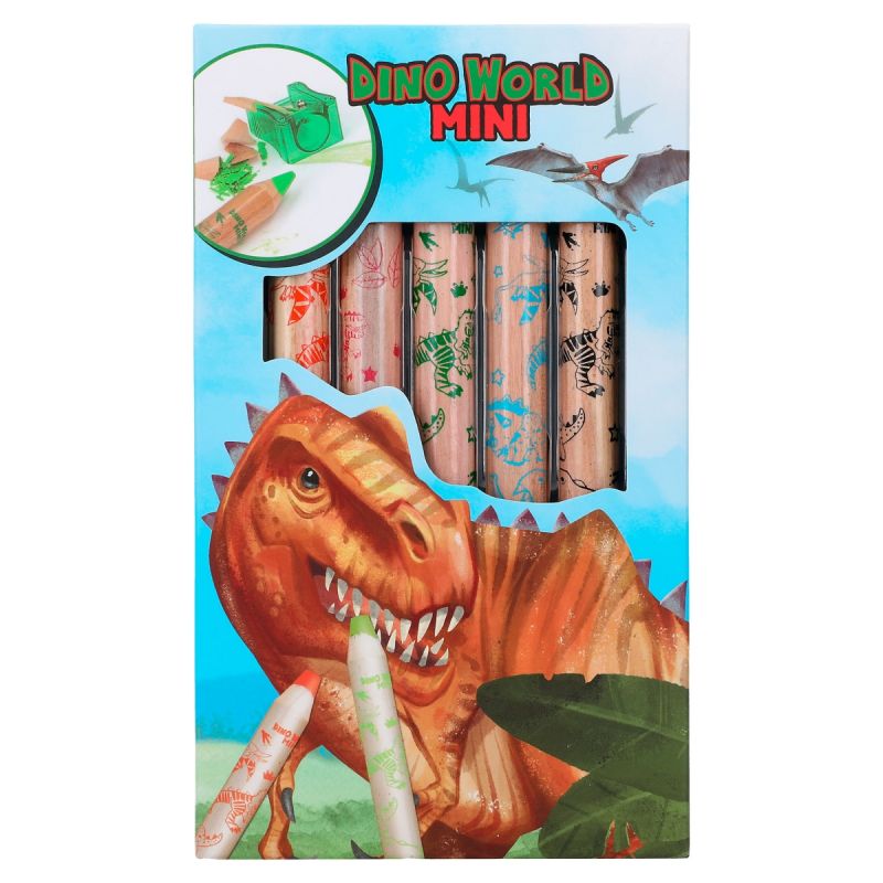 Dino World Mini-Bleistiftbox mit Dinosauriermotiven und großem illustriertem Dino auf der Vorderseite.