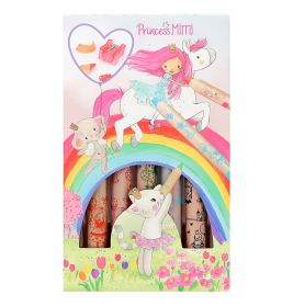 Buntes Princess Mimi Stifteset mit Einhorn, Hase, Regenbogen und Herzfenster mit sichtbaren Radiergummis.