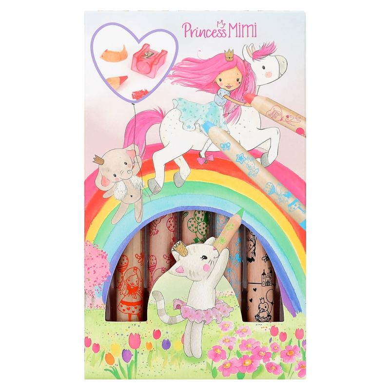 Buntes Princess Mimi Stifteset mit Einhorn, Hase, Regenbogen und Herzfenster mit sichtbaren Radiergummis.
