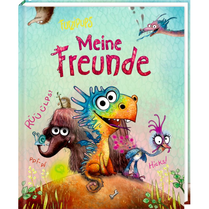 Buntes Kinderbuchcover mit Cartoon-Dinosauriern und dem Titel Meine Freunde in leuchtend pinker Schrift.