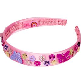 Rosa Haarreif mit bunten Paillettenblumen, Schmetterling, Spitzenbesatz und Logo innen.