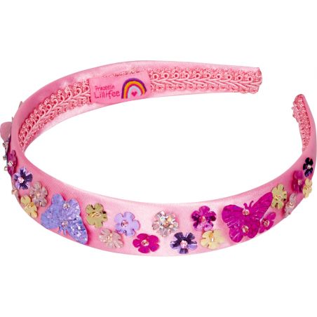 Rosa Haarreif mit bunten Paillettenblumen, Schmetterling, Spitzenbesatz und Logo innen.