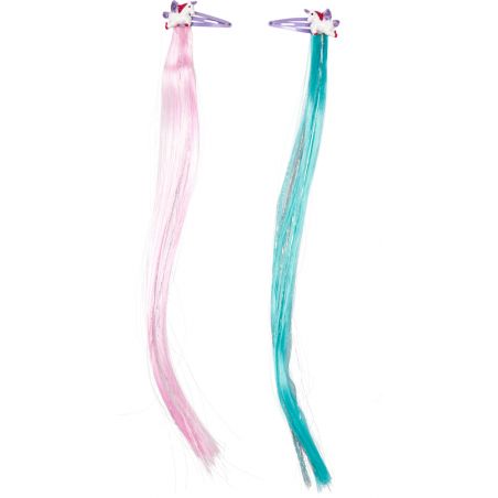 Zwei Haarspangen mit langen Strähnen, eine rosa, eine blau, jeweils mit kleinem Einhorn verziert.