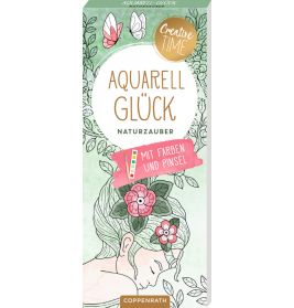Aquarell Glück Watercolor-Set: Box mit Blumenmotiv, Pastellfarben und deutscher Beschriftung.