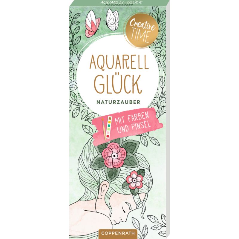 Aquarell Glück Watercolor-Set: Box mit Blumenmotiv, Pastellfarben und deutscher Beschriftung.
