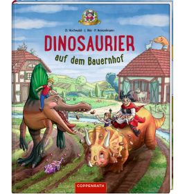 Buntes Kinderbuchcover: Kinder reiten Dinosaurier auf einem Bauernhof mit Scheunen und Feldern im Hintergrund.