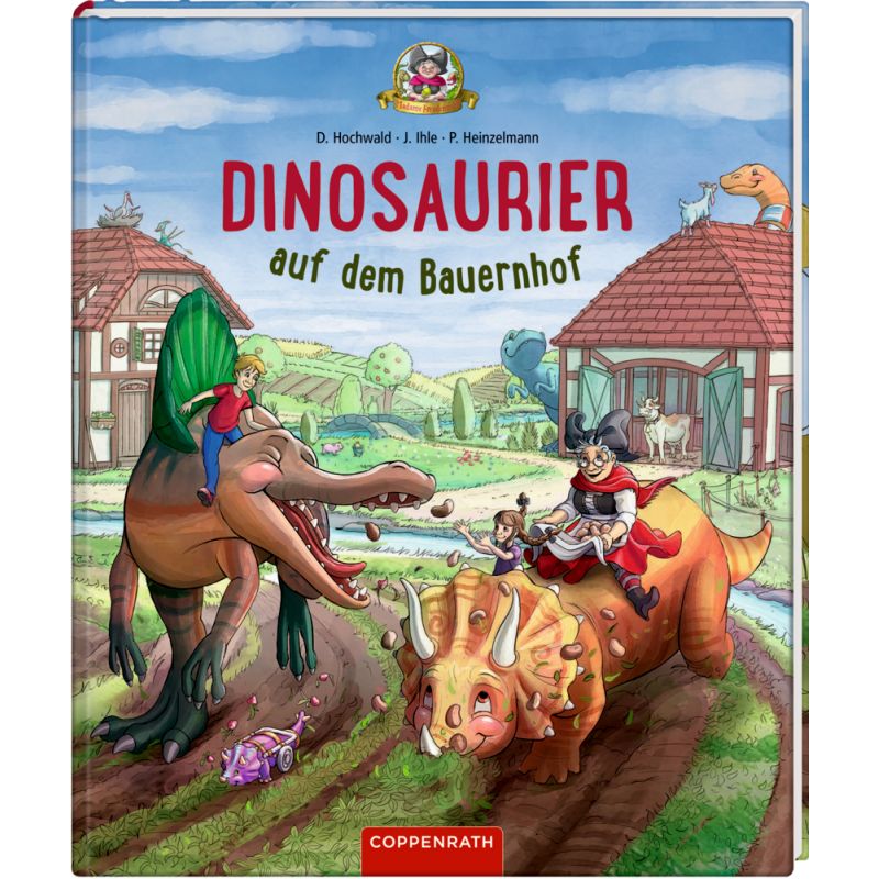Buntes Kinderbuchcover: Kinder reiten Dinosaurier auf einem Bauernhof mit Scheunen und Feldern im Hintergrund. Buntes Kinderbuchcover: Kinder reiten Dinosaurier auf einem Bauernhof mit Scheunen und Feldern im Hintergrund.