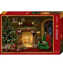 Gemütliches Weihnachtszimmer mit Baum, Kamin, Strümpfen und schlafenden Tieren Puzzle, 1000 Teile.