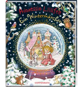 Buchcover: Prinzessin und Tiere bei einem Lebkuchenhaus in einer Schneekugel vor winterlichem Wald.