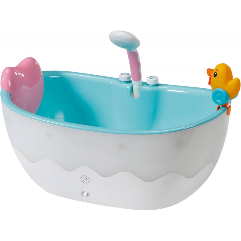 Blau-weiße Babybadewanne mit rosa Rückenlehne, Entenspielzeug und Handbrause.