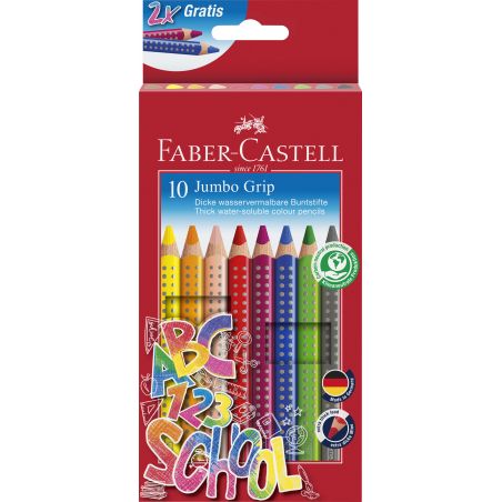 10er-Box Faber-Castell Jumbo Grip Buntstifte mit schulbezogener Grafik und Text auf der Verpackung.
