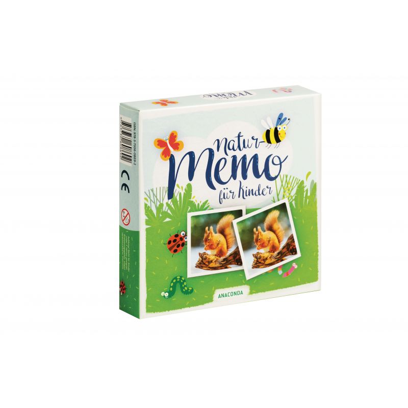 Schachtel eines Natur-Memo-Spiels für Kinder mit Motiven aus der Natur wie Insekten und Gras.
