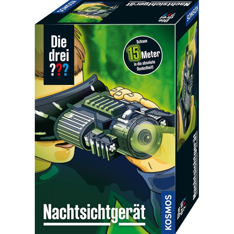 Kind benutzt Nachtsichtgerät deutsche Beschriftung und Angabe 15 Meter Sichtweite auf der Verpackung.