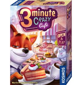 Bunte Brettspielbox mit Comic-Tieren am Café-Tisch, Gebäck, Tee und dem Schriftzug 3 Minute Crazy Café.