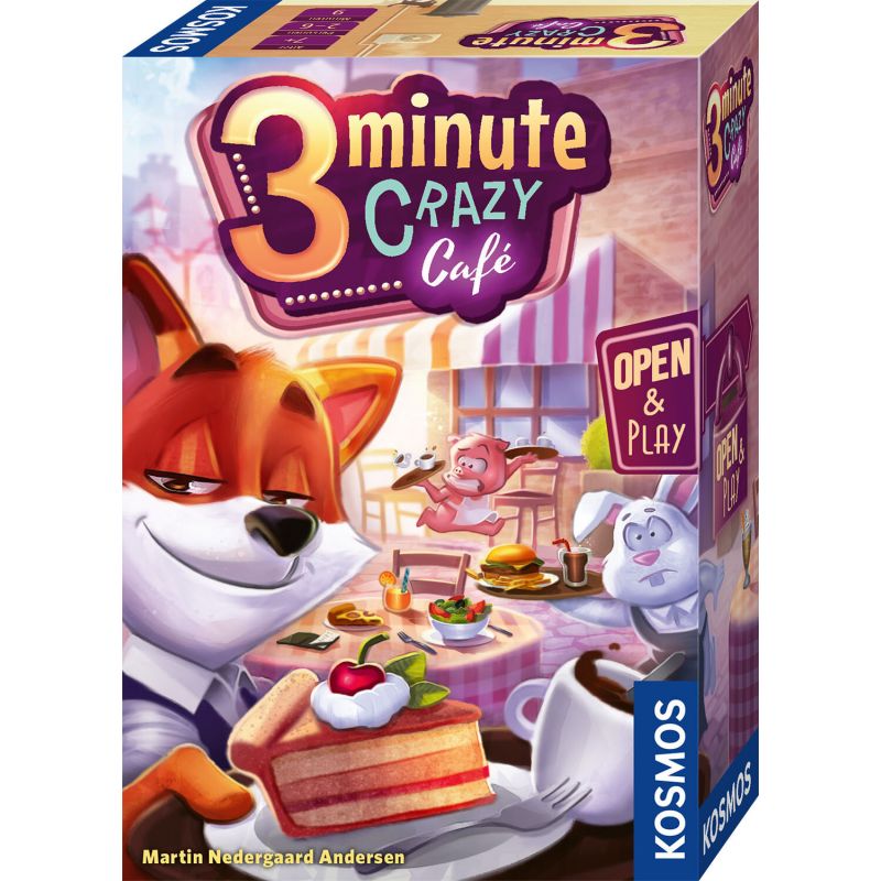 Bunte Brettspielbox mit Comic-Tieren am Café-Tisch, Gebäck, Tee und dem Schriftzug 3 Minute Crazy Café. Bunte Brettspielbox mit Comic-Tieren am Café-Tisch, Gebäck, Tee und dem Schriftzug 3 Minute Crazy Café.