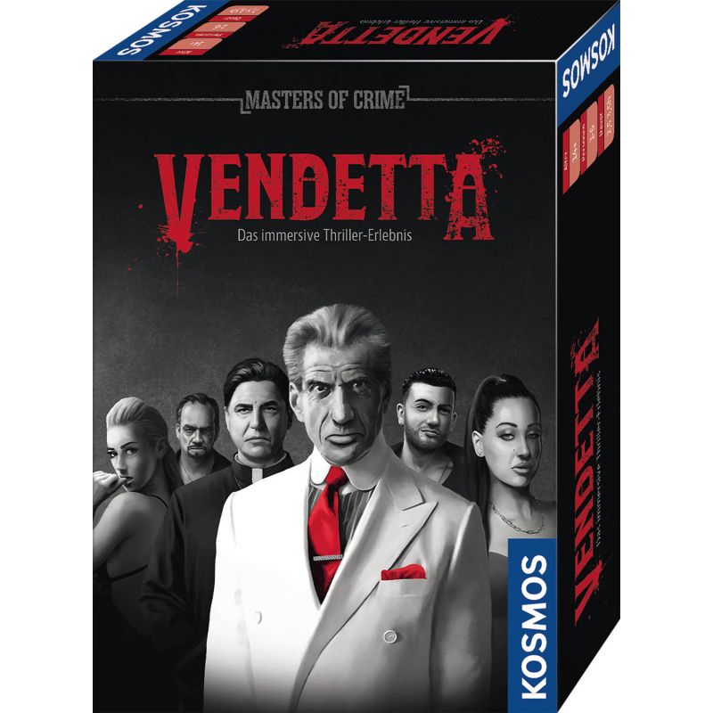 Cover von Vendetta: Mehrere ernst blickende Personen in Anzügen vor dunklem, dramatischem Hintergrund. Cover von Vendetta: Mehrere ernst blickende Personen in Anzügen vor dunklem, dramatischem Hintergrund.