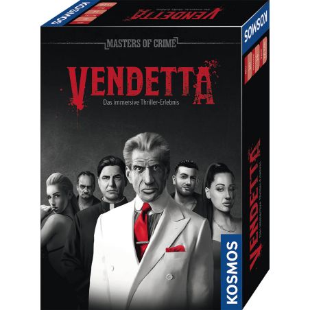 Cover von Vendetta: Mehrere ernst blickende Personen in Anzügen vor dunklem, dramatischem Hintergrund.