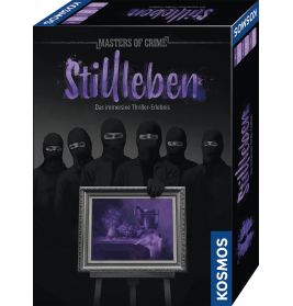 Fünf maskierte Personen in Schwarz halten ein gerahmtes Bild, darüber steht Masters of Crime: Stilleben in Lila.