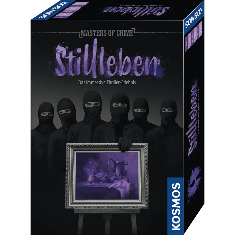 Fünf maskierte Personen in Schwarz halten ein gerahmtes Bild, darüber steht Masters of Crime: Stilleben in Lila. Fünf maskierte Personen in Schwarz halten ein gerahmtes Bild, darüber steht Masters of Crime: Stilleben in Lila.